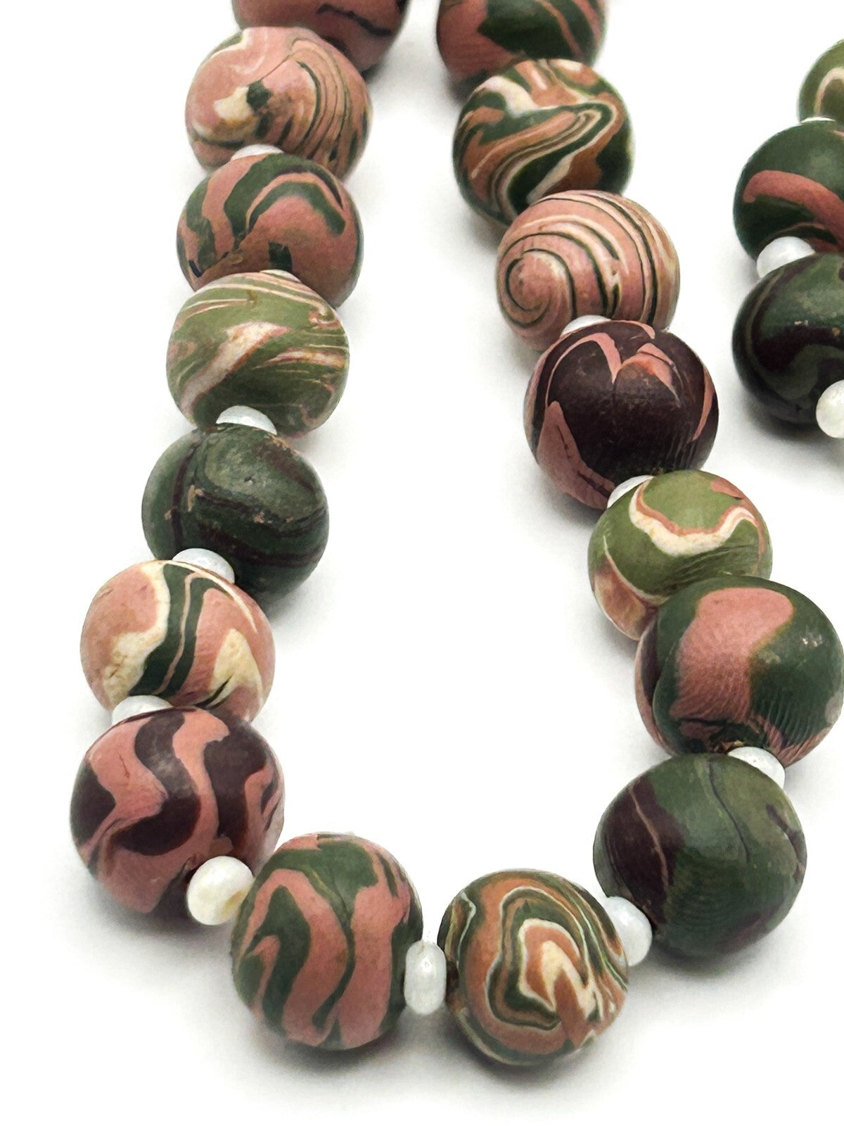 Polymer Clay Bead Necklace Swirl Green Pink Brown Artisan Style 20”