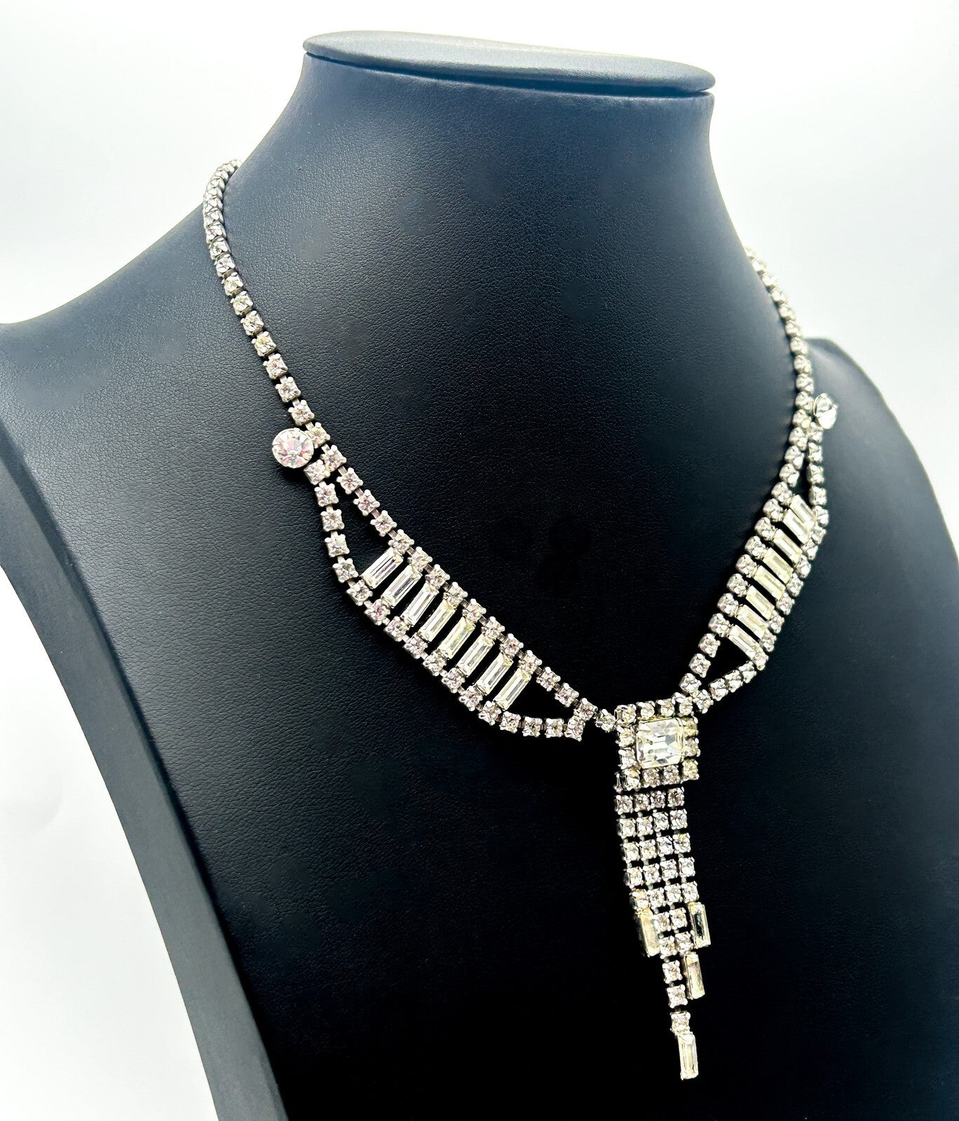 Vintage Rhinestone Waterfall Necklace Baguette Statement Tassel Drop 16”