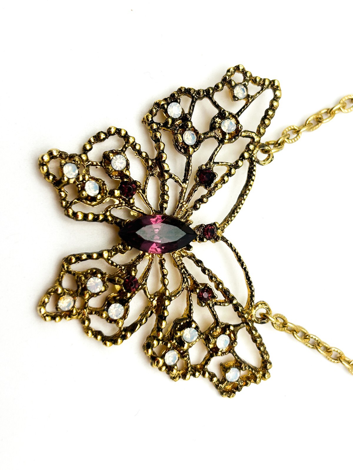 Signed Hollywood Gold Tone Openwork Butterfly Rhinestone Necklace