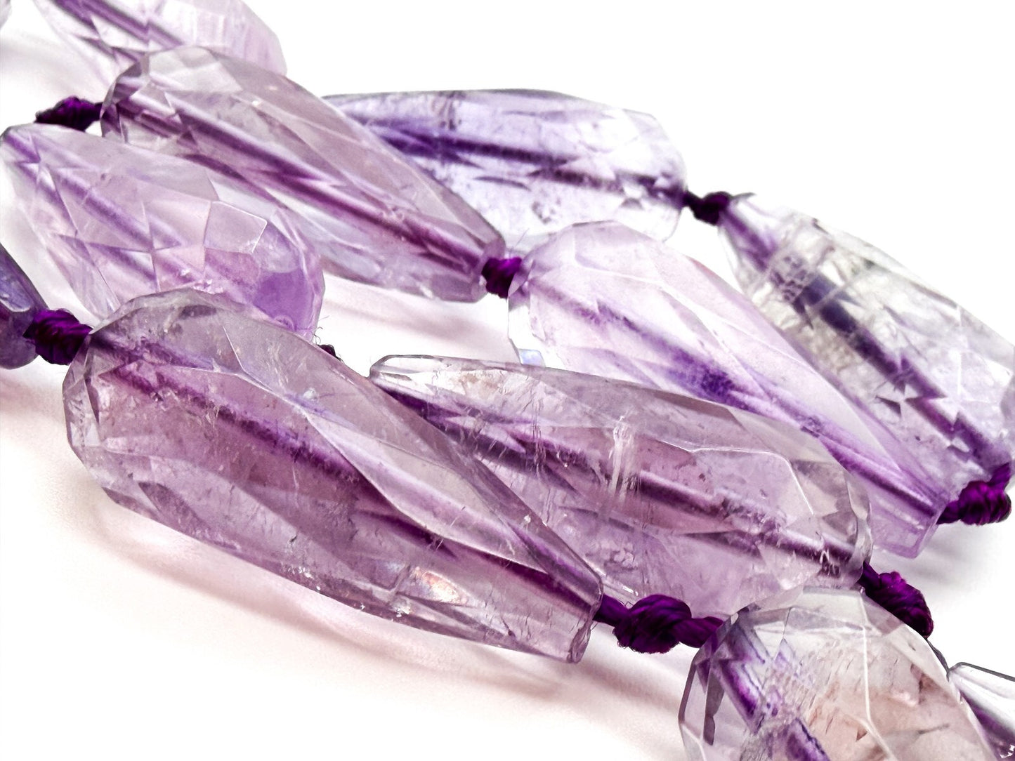 Amethyst Teardrop Necklace Faceted Beads Hand Knotted 18” Statement - Purple