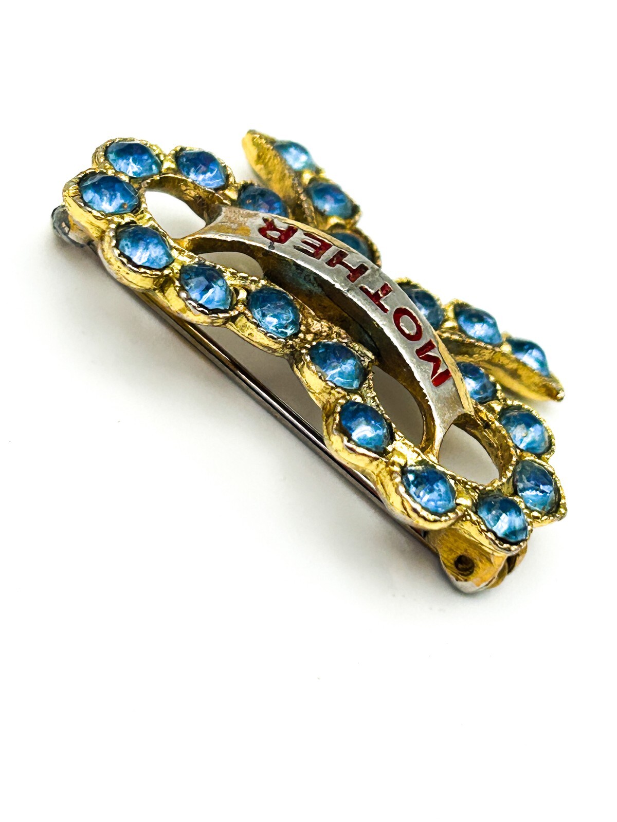 Vintage Mother Brooch 1960s Blue Rhinestone Bow Gold Tone Pin Retro Mum Mom