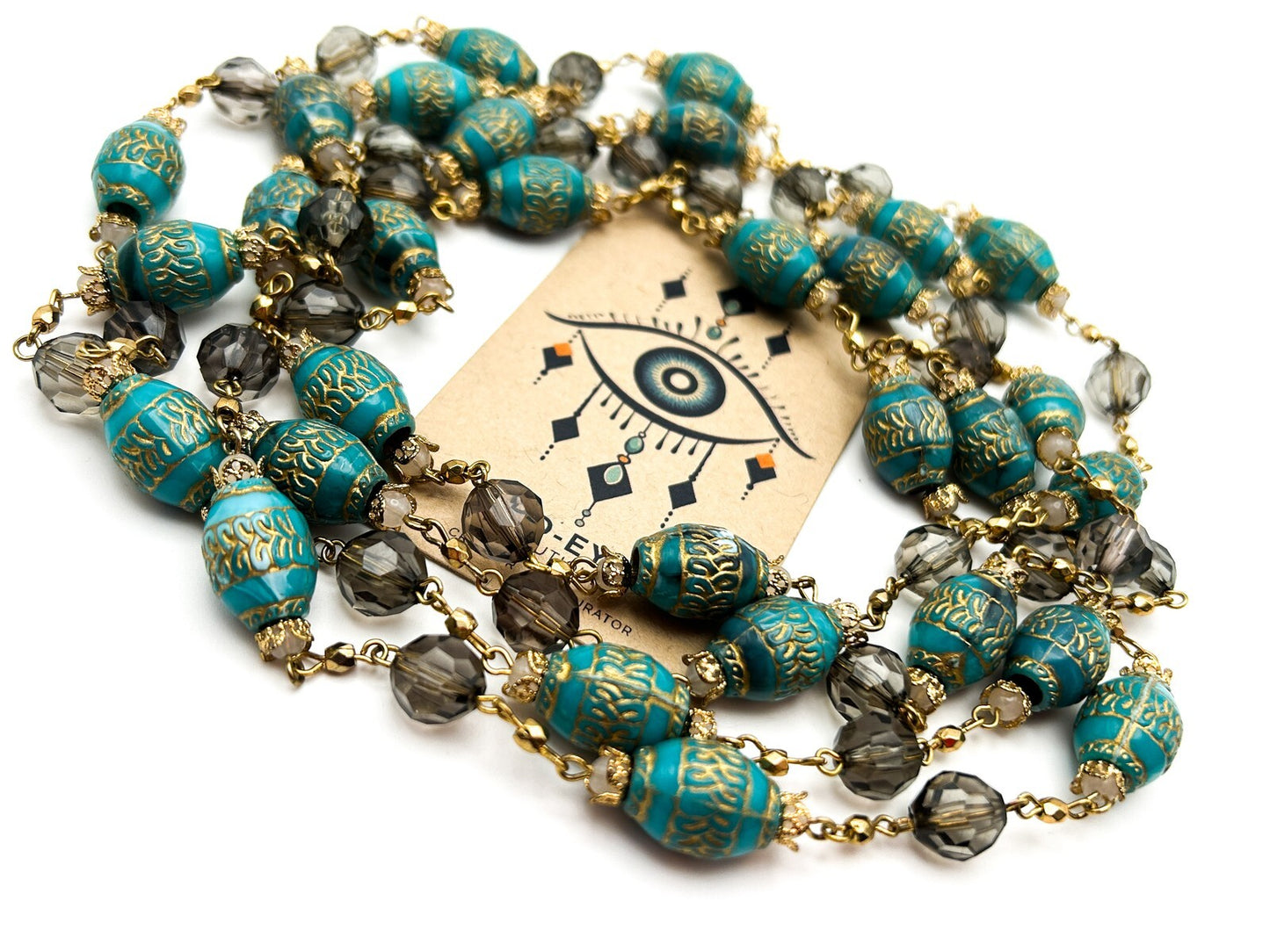 Vintage Style Turquoise & Smokey Acrylic Etched Barrel Bead Necklace Duo