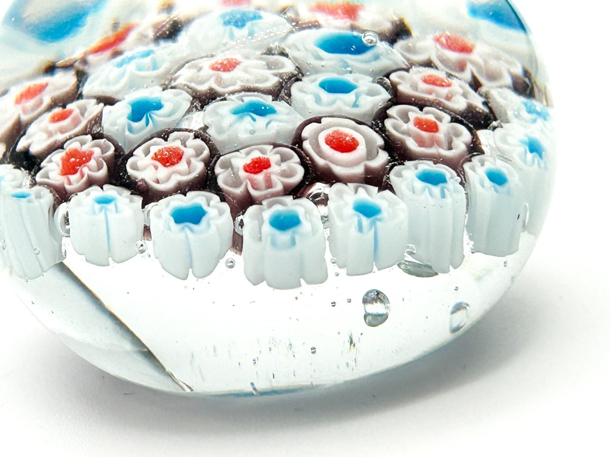 Vintage Millefiori Art Glass Paperweight Red White Blue Flower Floral Canes