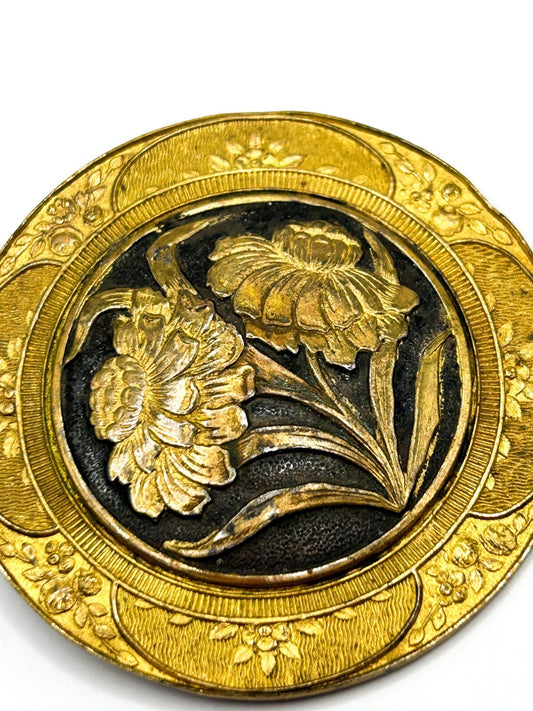 Vintage French Gold Tone Floral Brooch Embossed Repoussé Flower Trombone Clasp