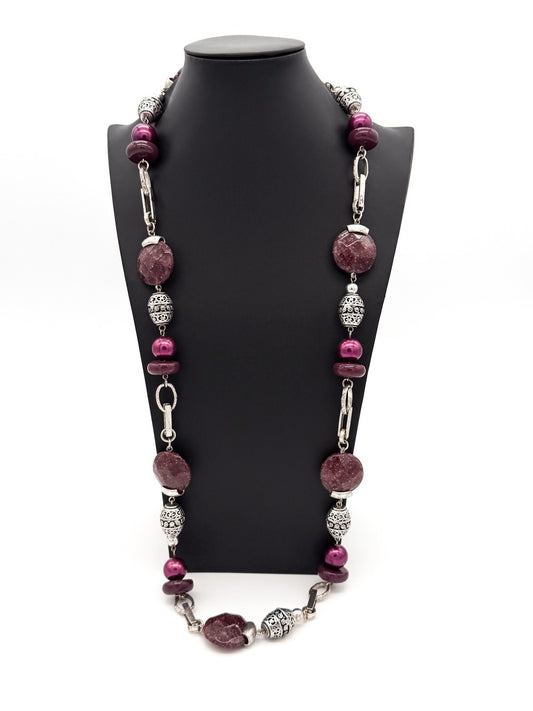 Long Purple Statement Necklace Silver Tone Link Chain Faceted Acrylic 38”