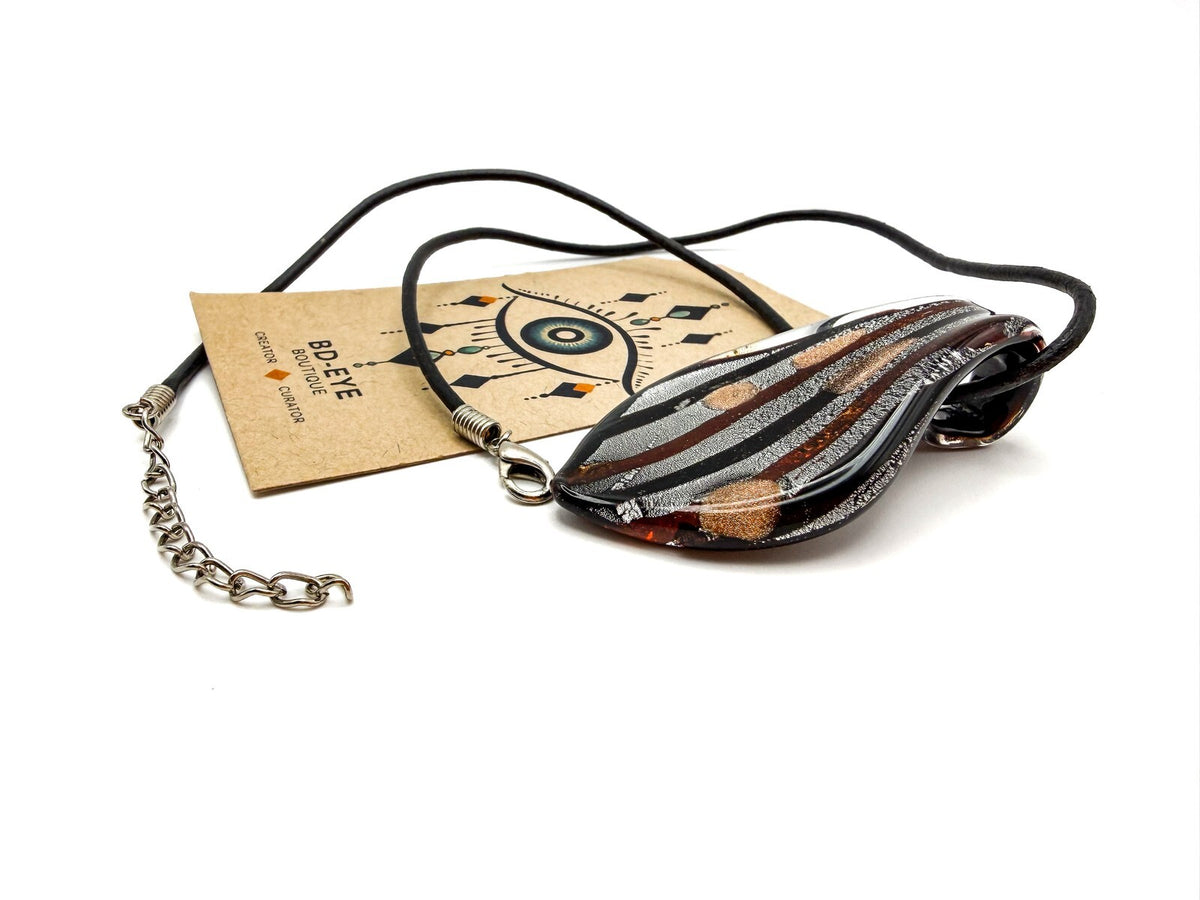 Silver, Copper Tone & Black Dichroic Art Glass Murano-style Pendant Necklace
