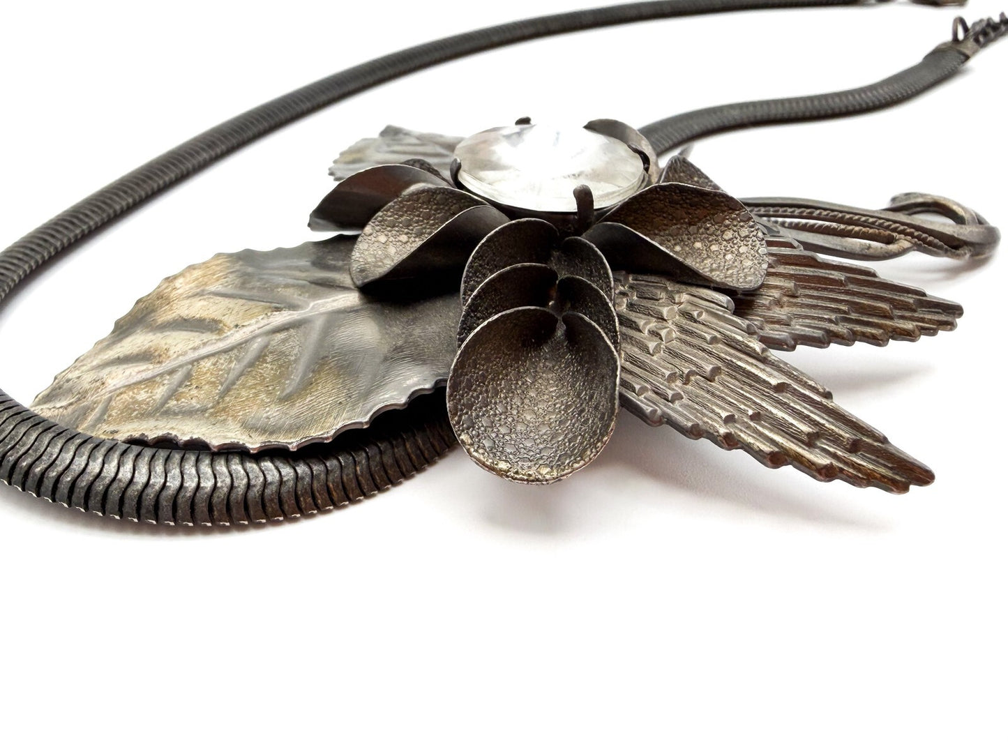 Art Nouveau Style Floral Leaf Statement Necklace with Swirl & Rhinestone Detail