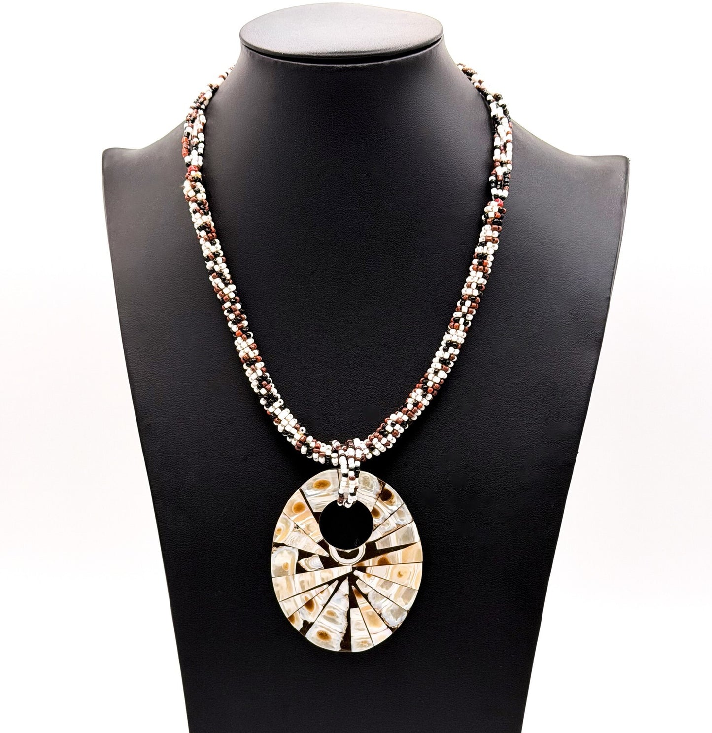 Five Strand Brown, White & Black Seed Bead Necklace with Shell Inlay Donut Penda