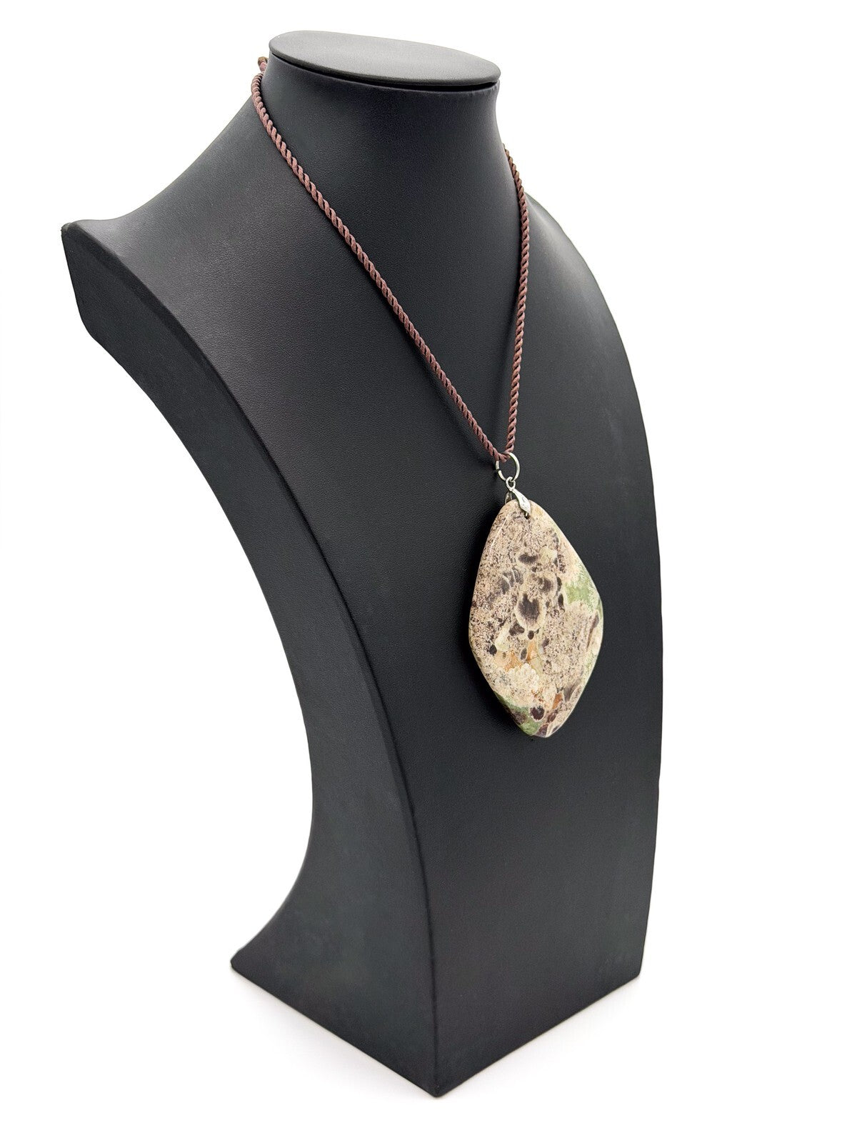 Ocean Jasper Large Pendant Necklace Brown Cord 16” Semi Precious Green
