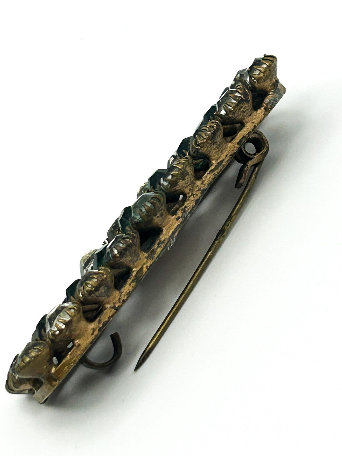Vintage Green Rhinestone Brooch Bar Pin Clear Glass Art Deco