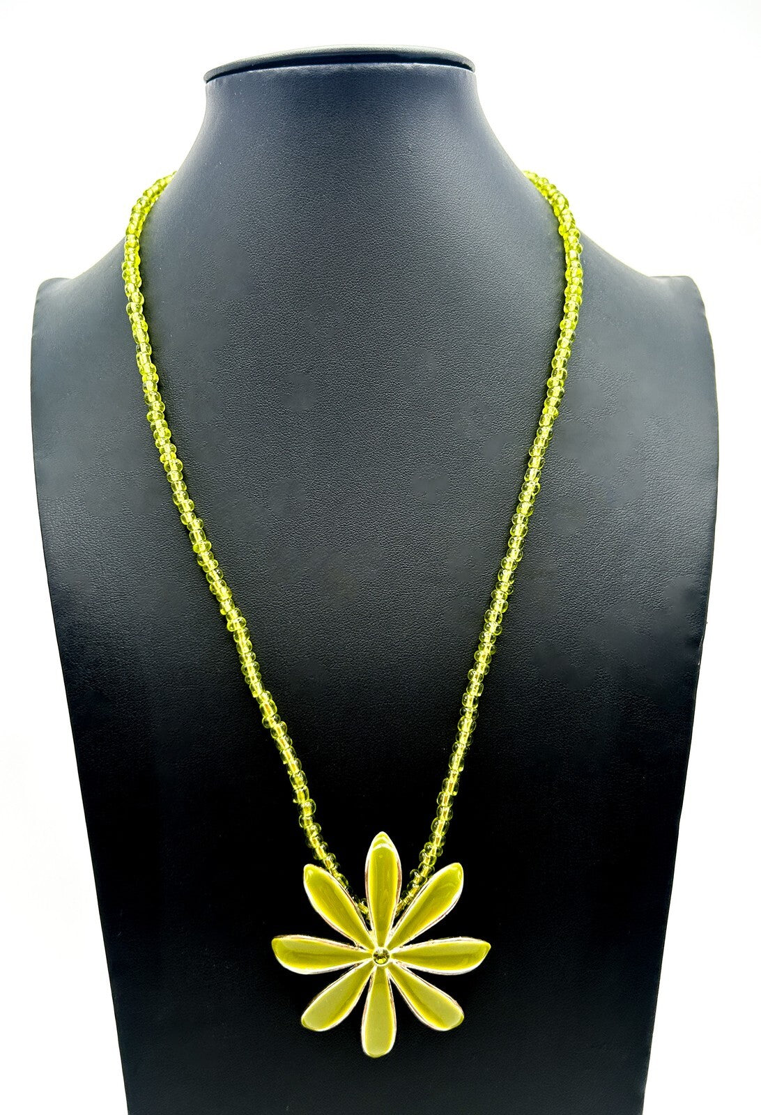 Lime Green Glass Beaded Necklace with Enamel Flower Pendant