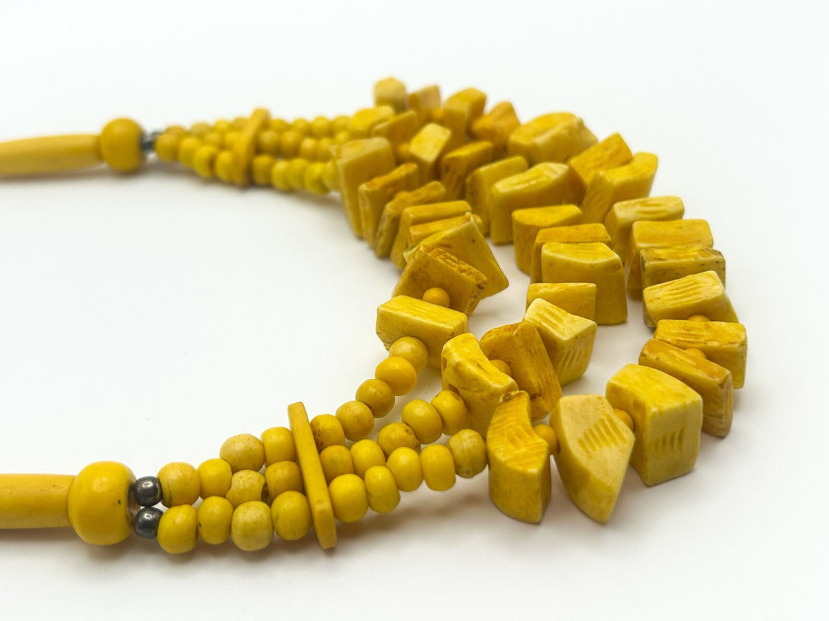 Vintage Bright Yellow Triple-Strand Organic Material Bib Necklace