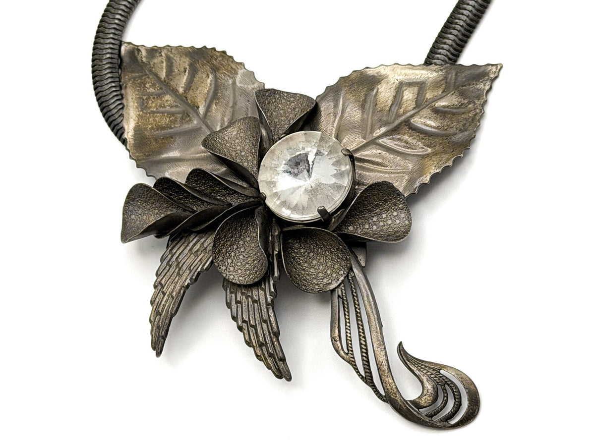 Art Nouveau Style Floral Leaf Statement Necklace with Swirl & Rhinestone Detail
