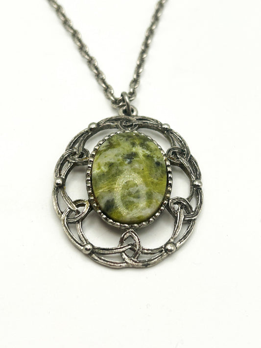 Vintage Silver Tone Openwork Pendant Necklace with Serpentine Cabochon