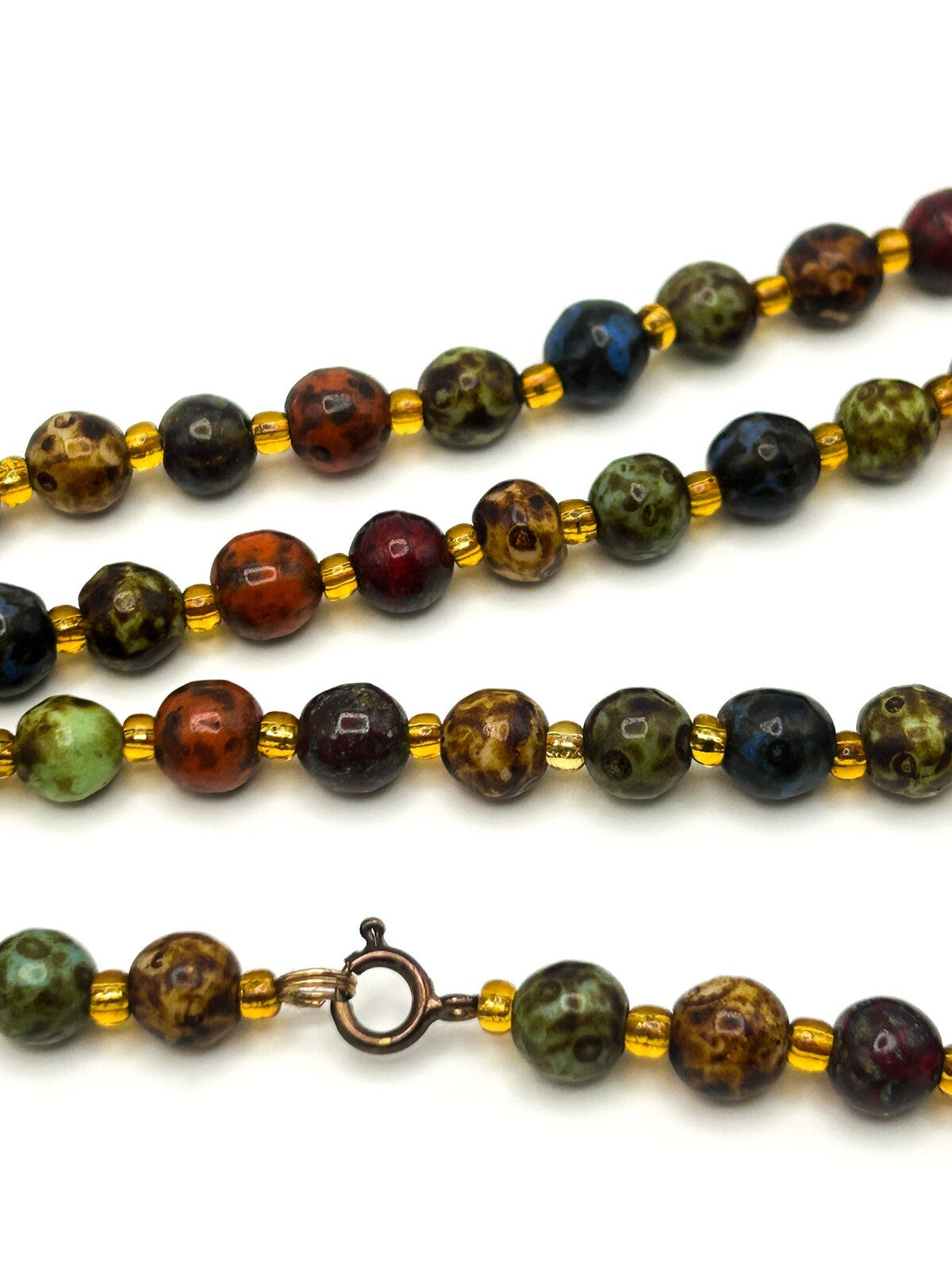 Vintage Mottled Glass Bead Necklace – Green, Orange, Brown & Mustard