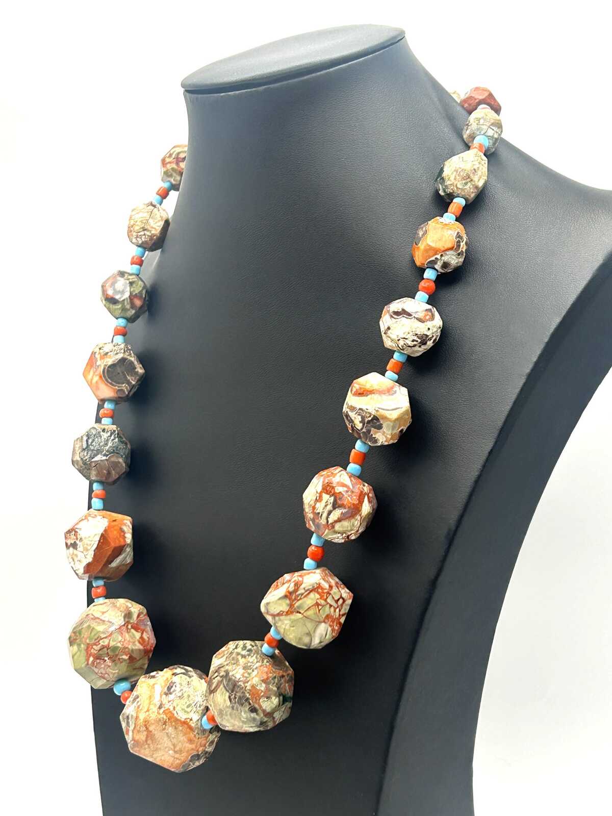 Graduated Raw & Faceted Jasper Statement Necklace with Blue and Red Glass Spacer