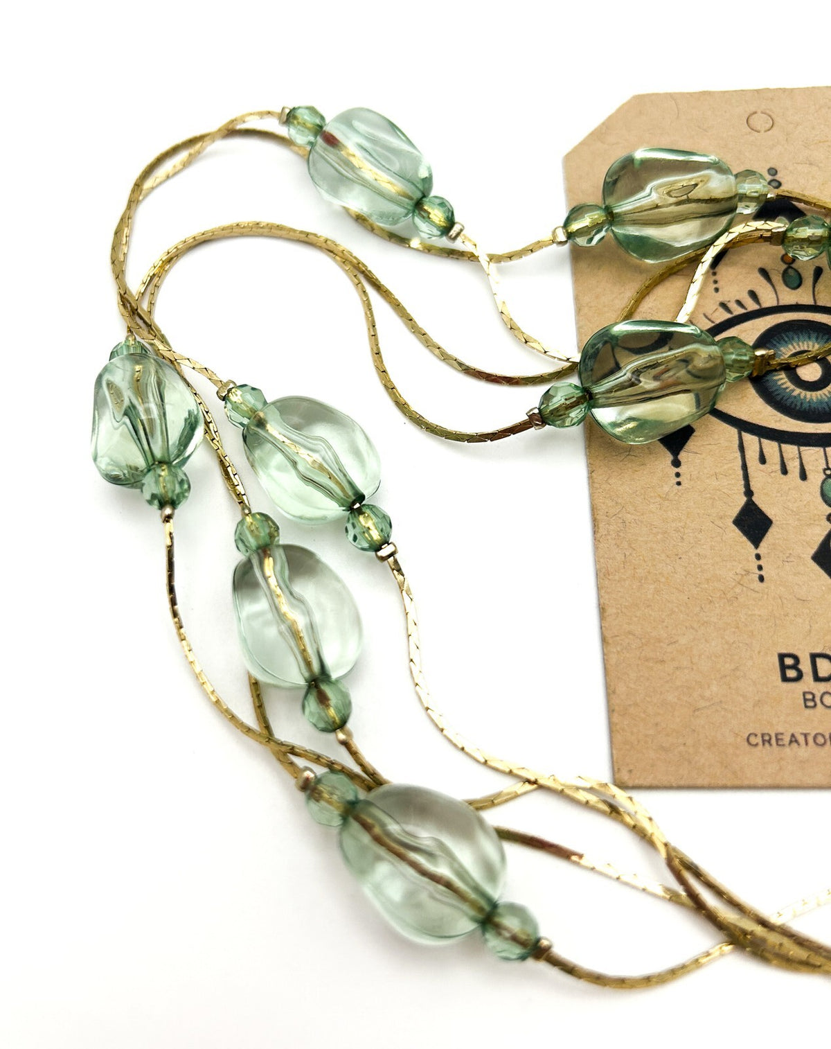 Long Pale Green Acrylic Bead Necklace Multi Strand Gold Tone Layered 34”