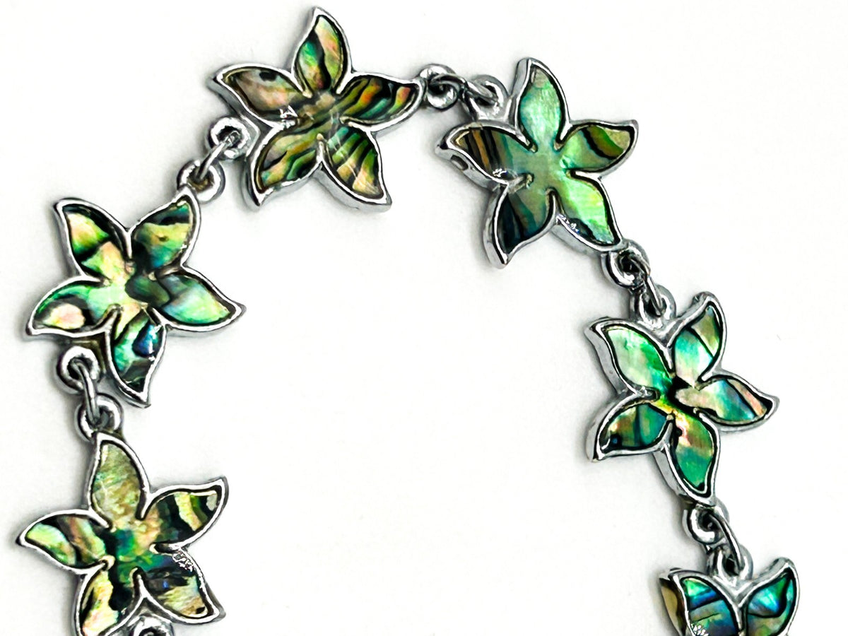 Abalone Shell Flower Bracelet Silver Tone Floral Link Bracelet 6.5”