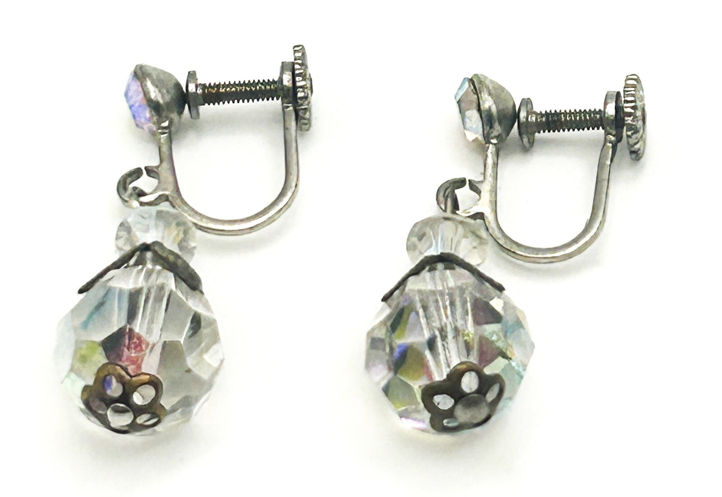 Vintage AB Crystal Glass Drop Earrings – Silver Tone Screw Back