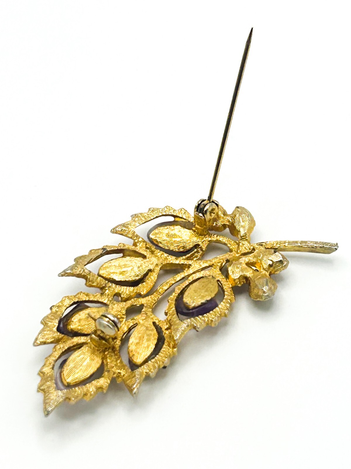 Vintage Leaf Brooch Floral Spray Gold Tone Amethyst & Citrine Leaves Pin Retro