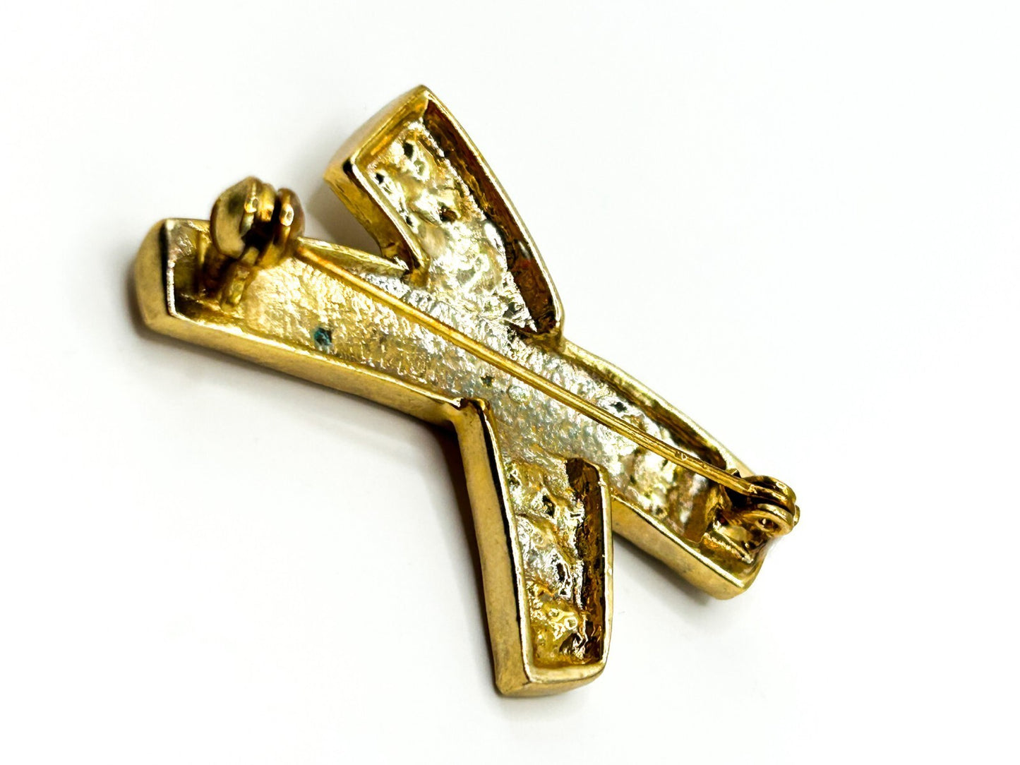 Vintage Gold Tone Rhinestone X Brooch Pavé Crossed Ribbon Statement Pin Retro