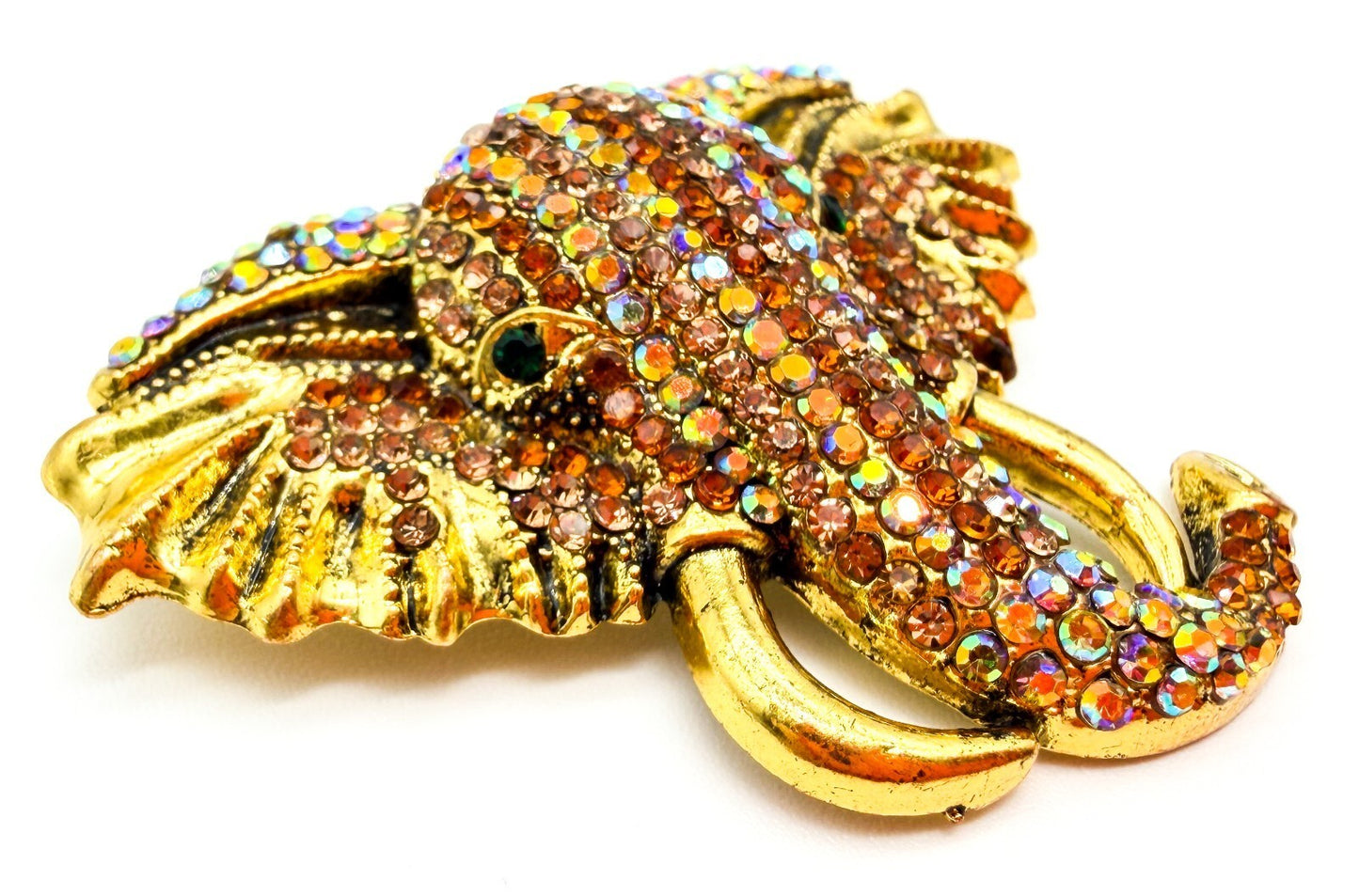 Vintage Elephant Head Brooch Gold Tone AB Orange Peach Rhinestones Green Eye