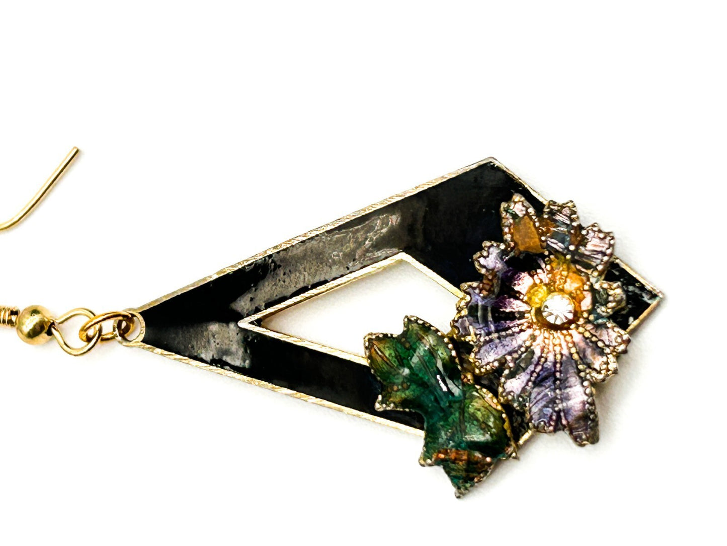 Vintage Cloisonné Floral Geometric Drop Earrings Rhinestone Detail Black Green