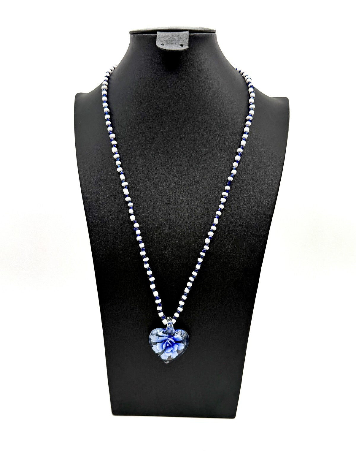 Vintage Blue & White Glass Beaded Necklace with Floral Art Glass Heart Pendant