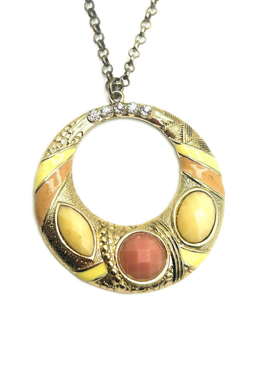 Vintage Gold Tone Hoop Pendant Necklace with Pink & Cream Cabochons – Statement
