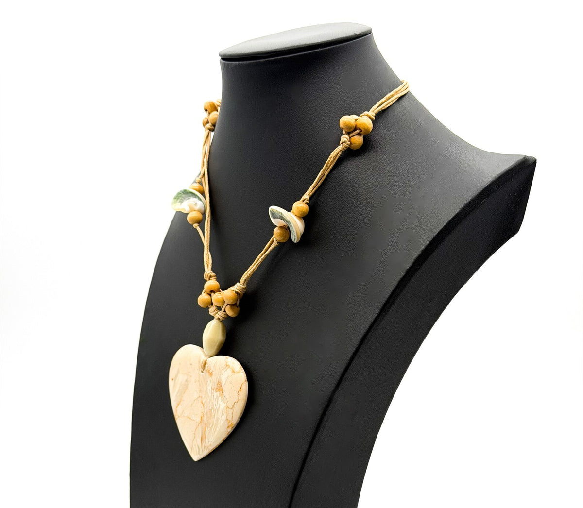 Large Cream Marble Stone Heart Pendant Necklace Multi Strand Cord 17”