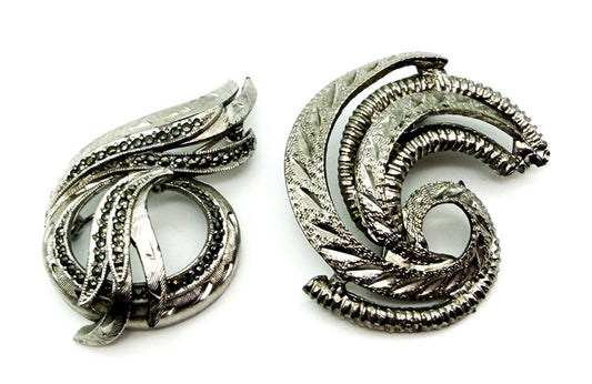 Vintage Sphinx Silver Tone Marcasite Swirl Brooch Pair Abstract Ribbon Pin