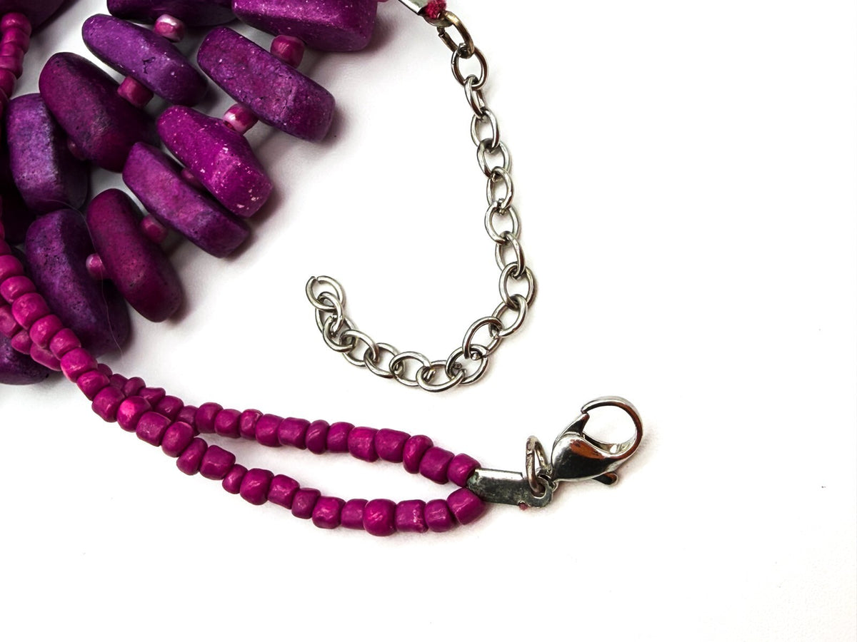 Dyed Purple Stone Chunky Statement Necklace Double Strand Magenta Beads Summer