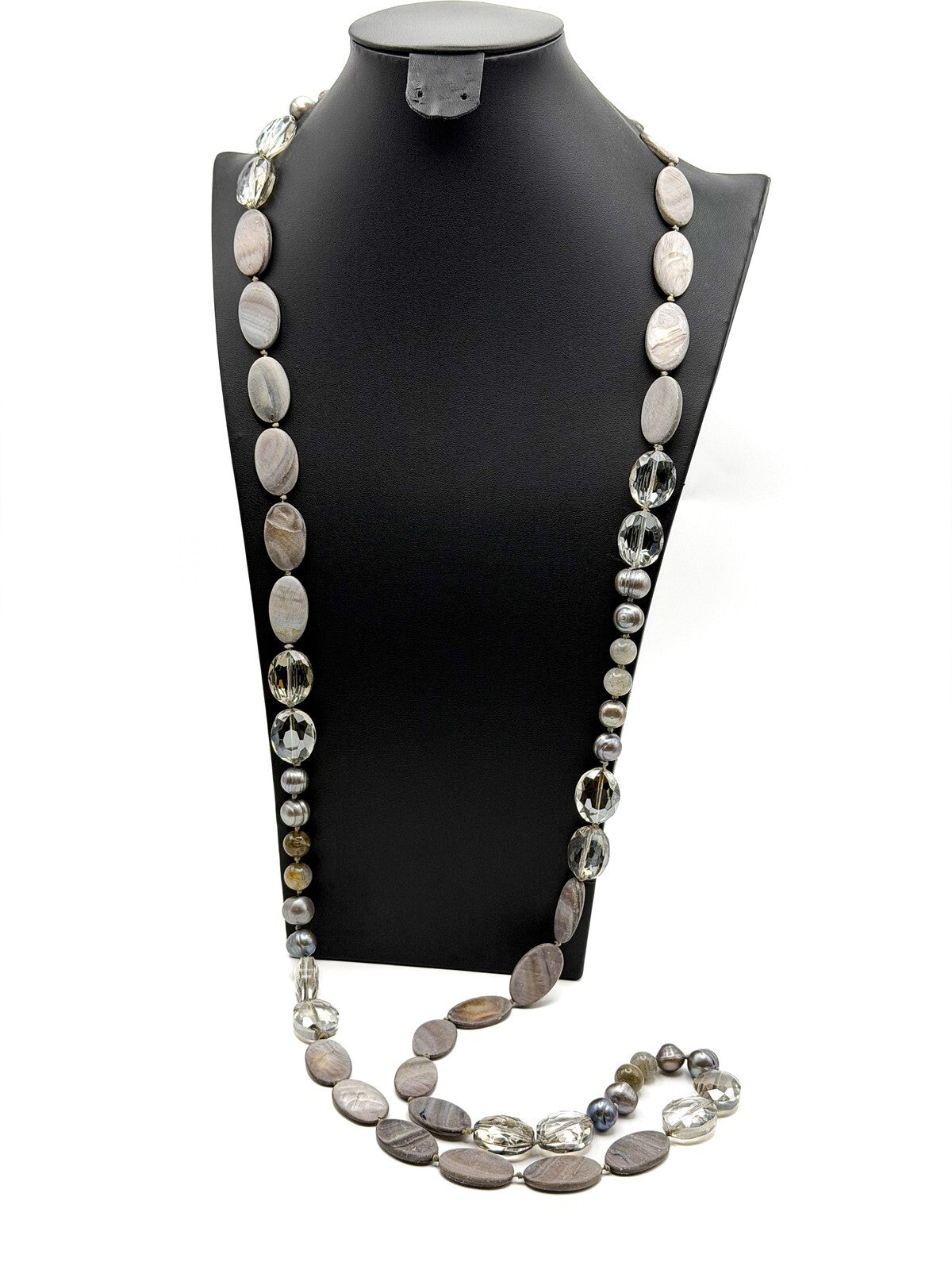 Vintage Hand-Knotted Grey Mother of Pearl, Tahitian Pearl & Glass Long Necklace