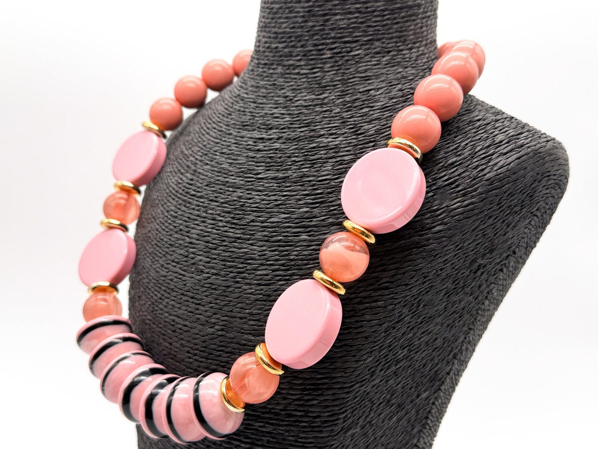 Retro Chunky Pink Acrylic Statement Necklace Disc Beads Gold Tone New w/Tag 23”