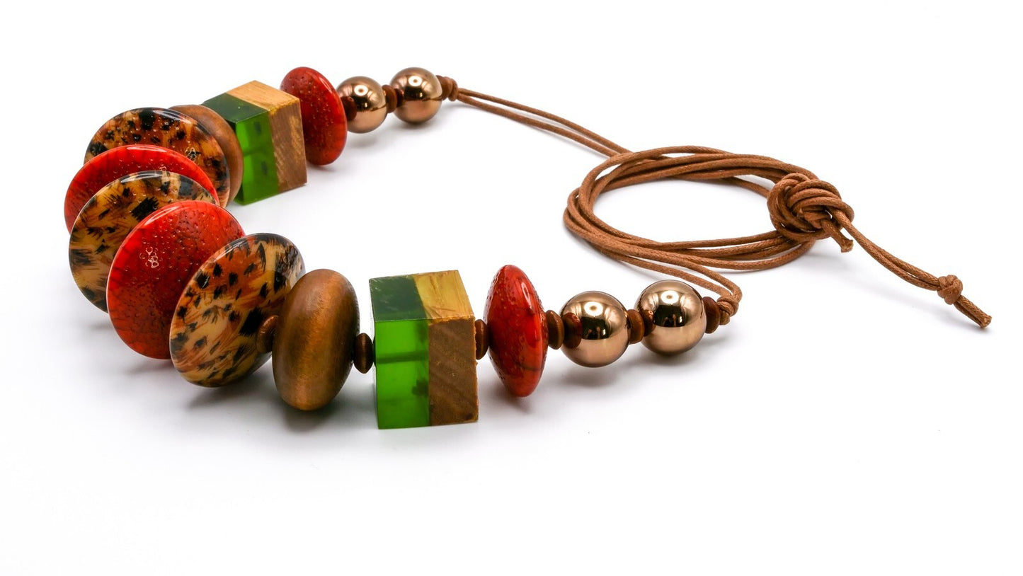 Earthy Tones Statement Necklace Multicolour 18.5" Wood Acrylic Resin Boho Orange