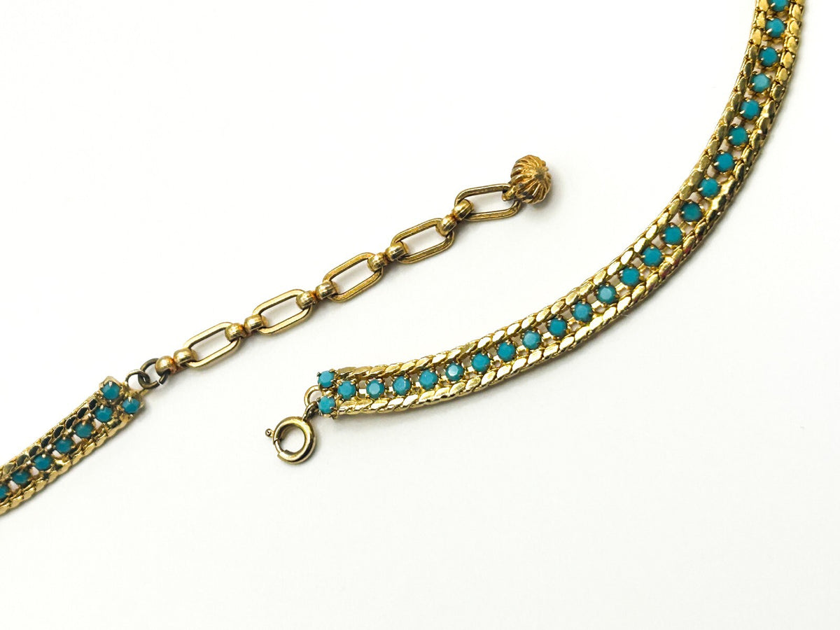 Gold Tone Turquoise Glass Lariat Necklace – Vintage Mesh Tassel Design