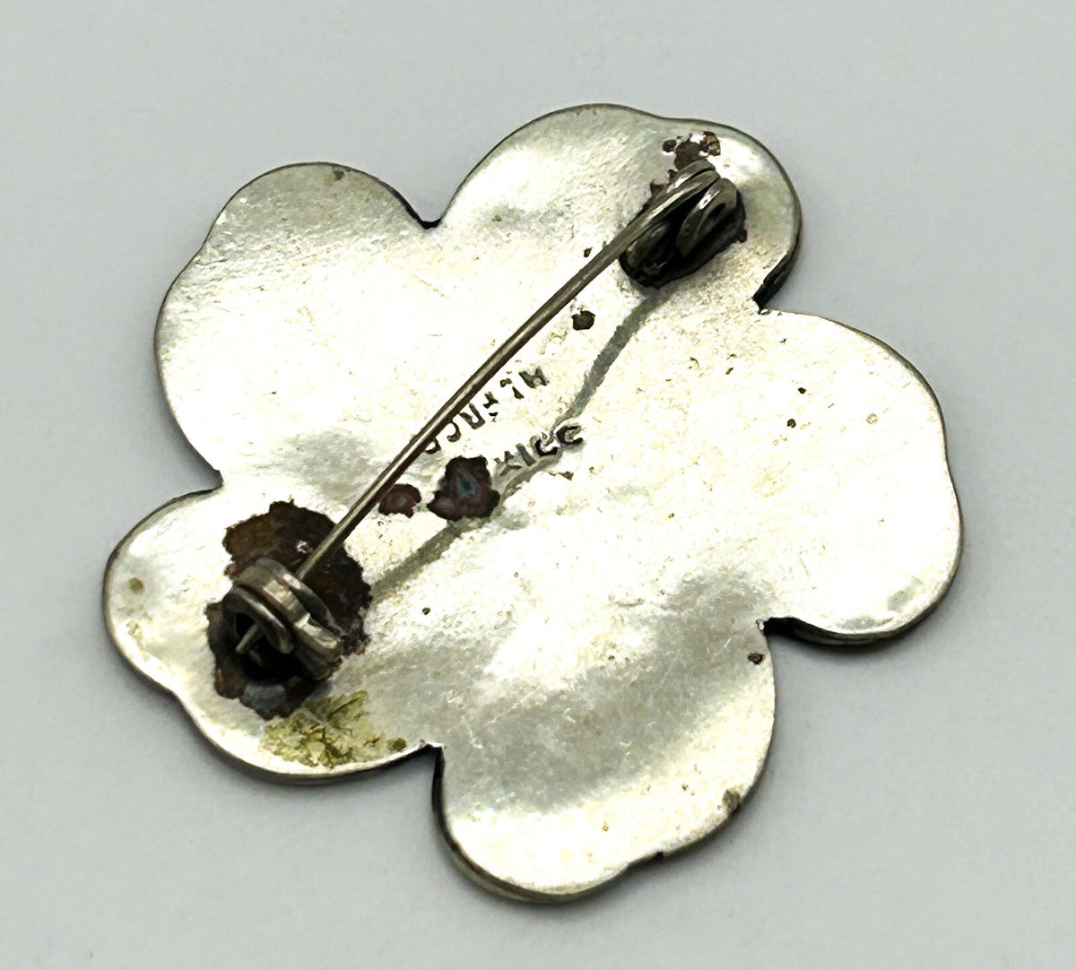 Vintage Alpaca Mexico Abalone Shell Inlay Flower Brooch Black Enamel Swirl