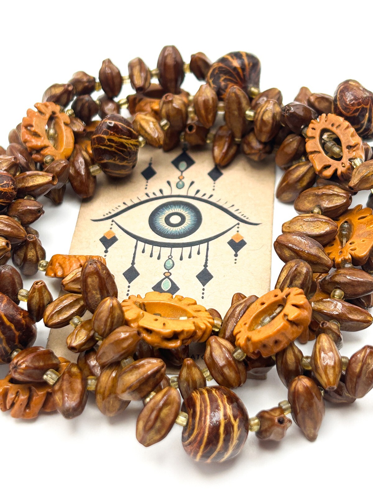Faux Walnut & Seed Bead Necklace – 24” Vintage