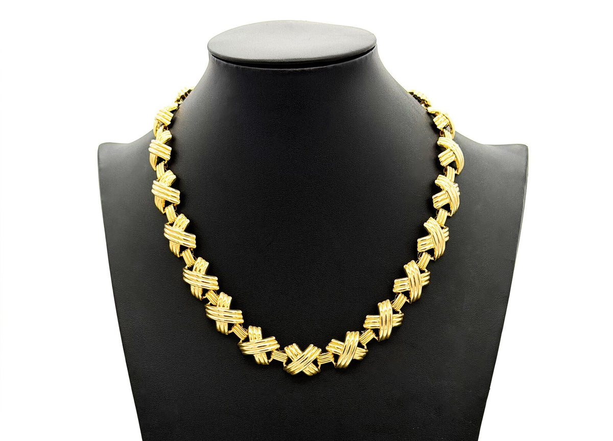 Gold Tone Ribbed X Link Articulated Statement Necklace 18” 80s Napier Inspired