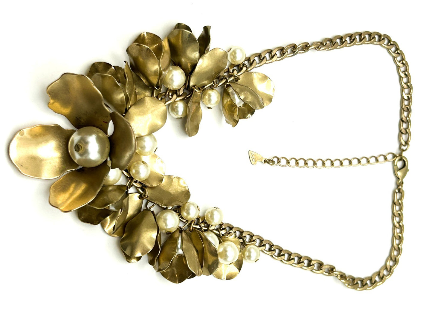 Vintage Per Una Gold Tone Floral Statement Necklace – Faux Pearl Detail, 17”