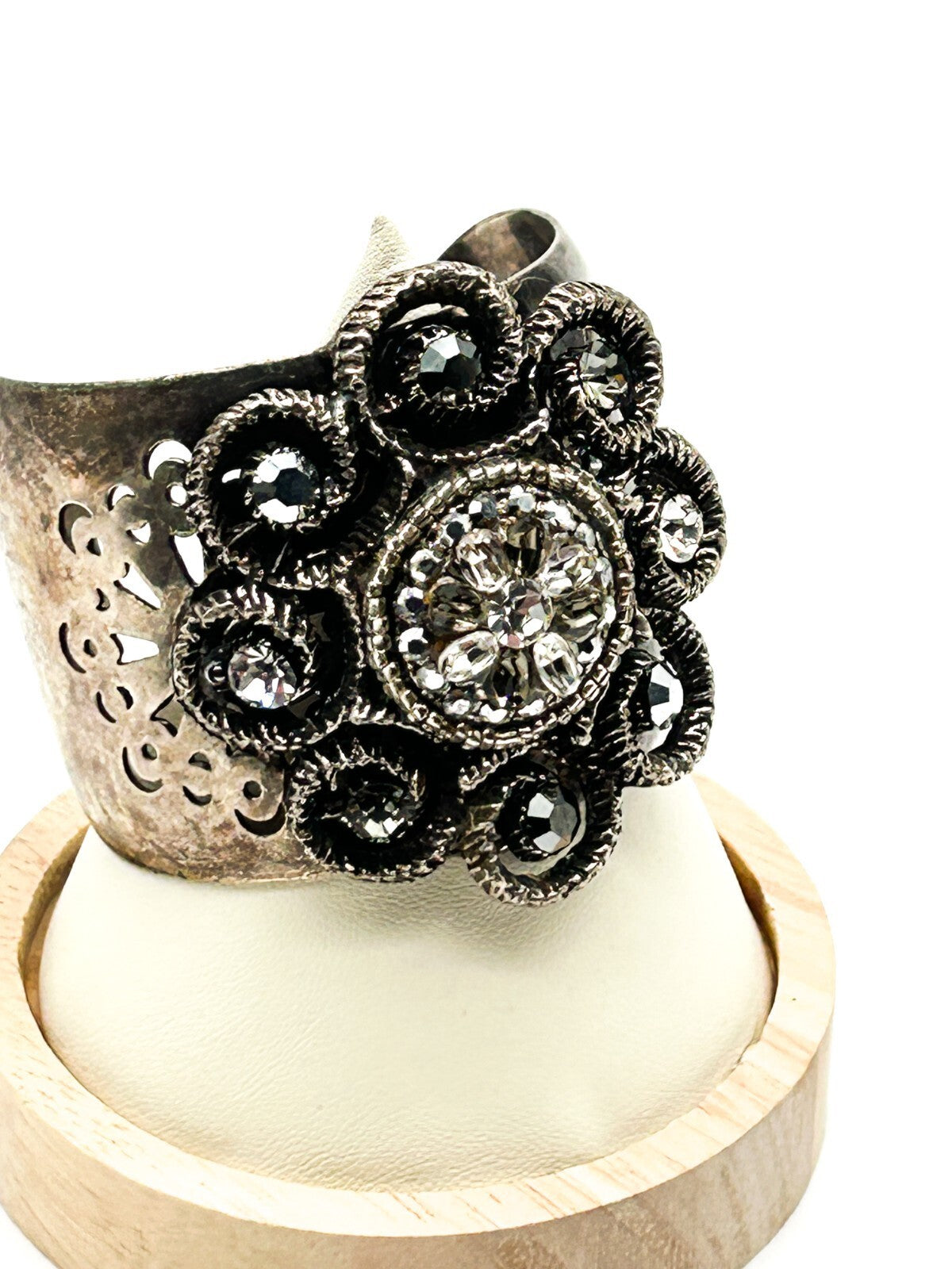 Vintage Sodini Signed Crystal Floral Statement Cuff Bracelet Flower Sparkles VTG