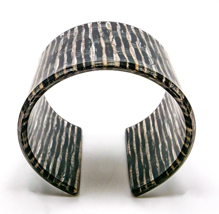 Wide Black & Silver Striped Acrylic Cuff Bangle Textured Fabric-effect