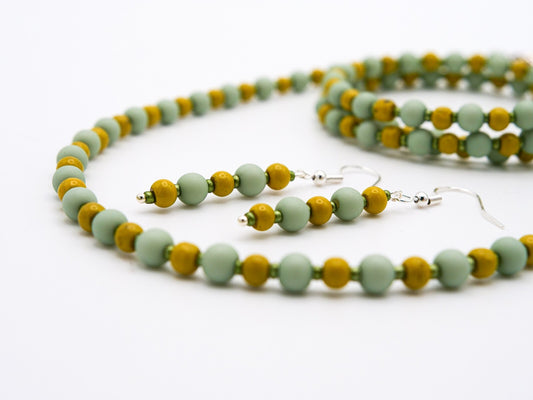 Green Yellow Beaded Handmade - Earring, Necklace & Bracelet Set