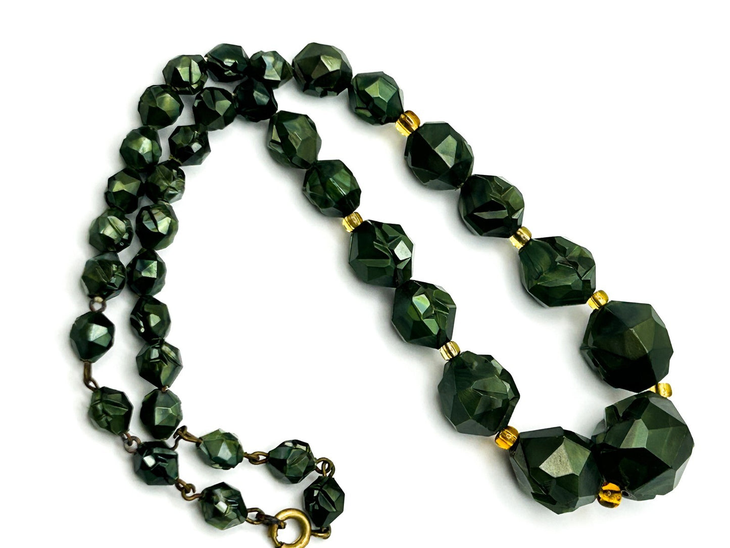 Vintage Modernist 50s-60s Moulded Green Faceted Beaded Necklace