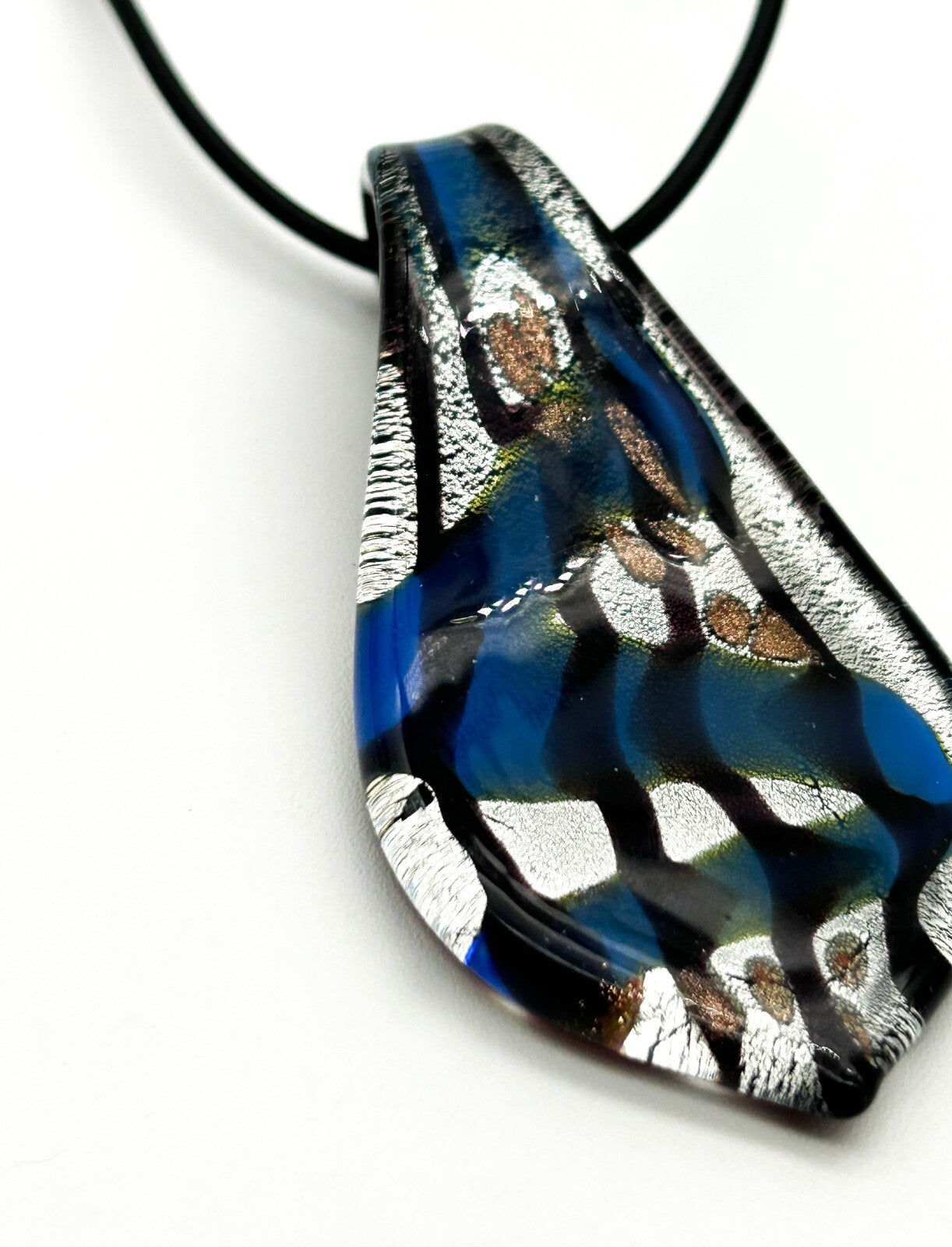 Murano Style Art Glass Pendant Necklace Blue, Silver & Black Abstract Design