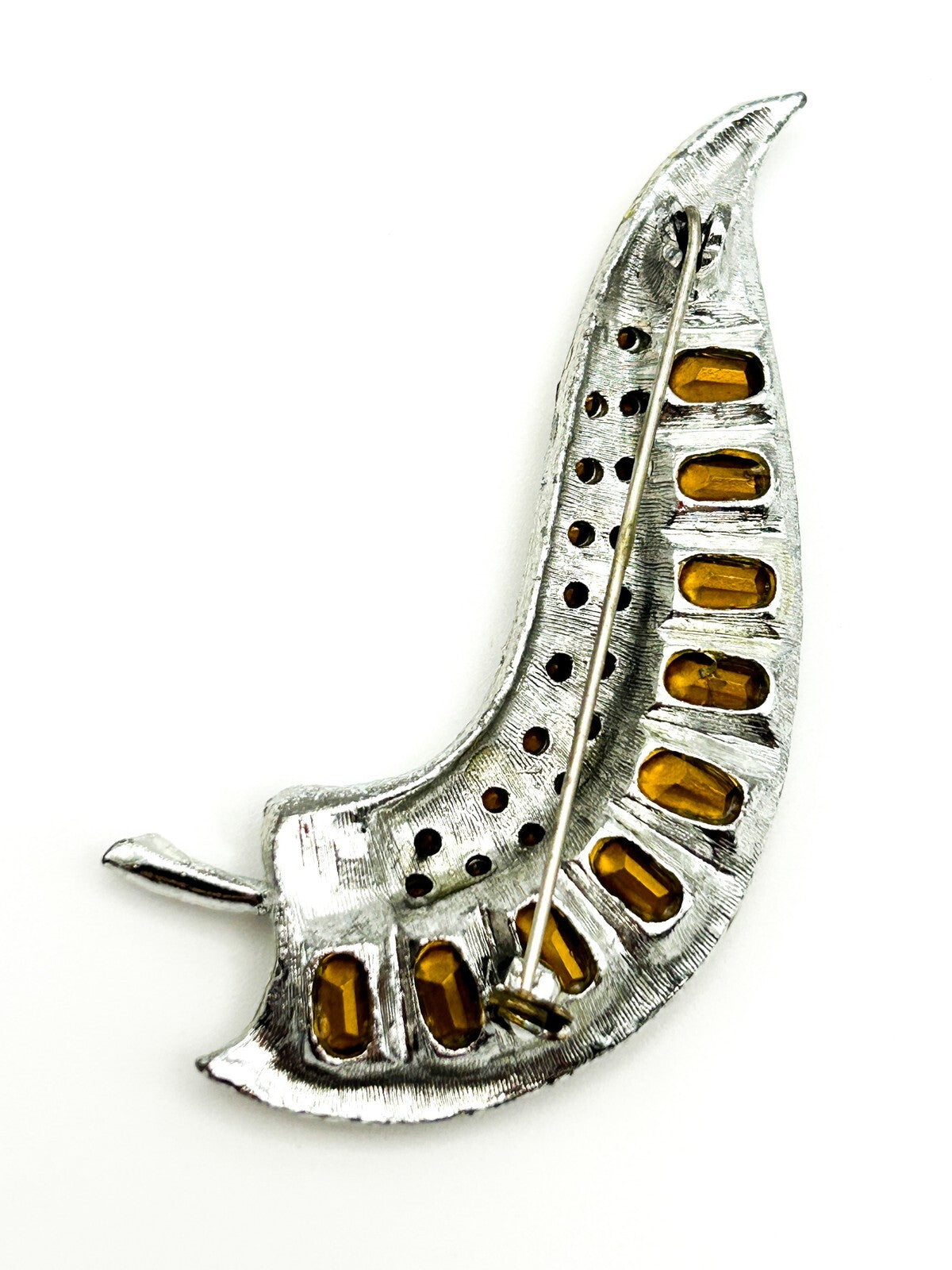 Vintage Silver-Tone Curved Rhinestone Statement Brooch