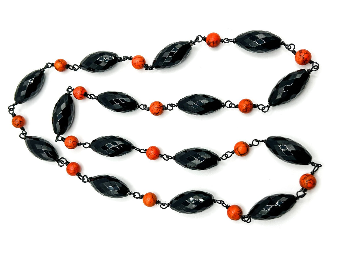 Faceted Onyx and Dyed Orange Stone Beaded Gemstone Semi Precious Necklace Boho