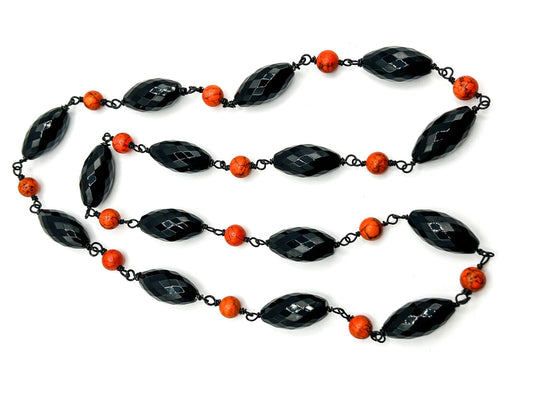Faceted Onyx and Dyed Orange Stone Beaded Gemstone Semi Precious Necklace Boho