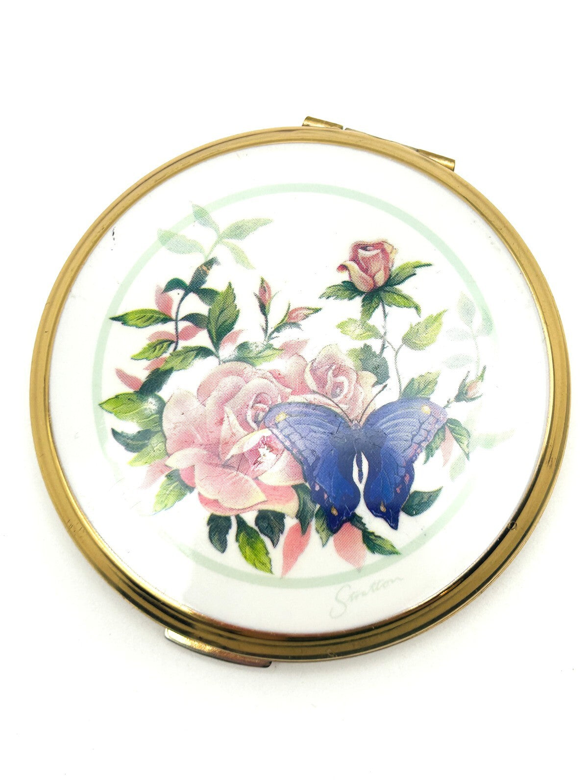 Vintage Stratton Floral Butterfly Powder Compact Gold Tone Mirror England