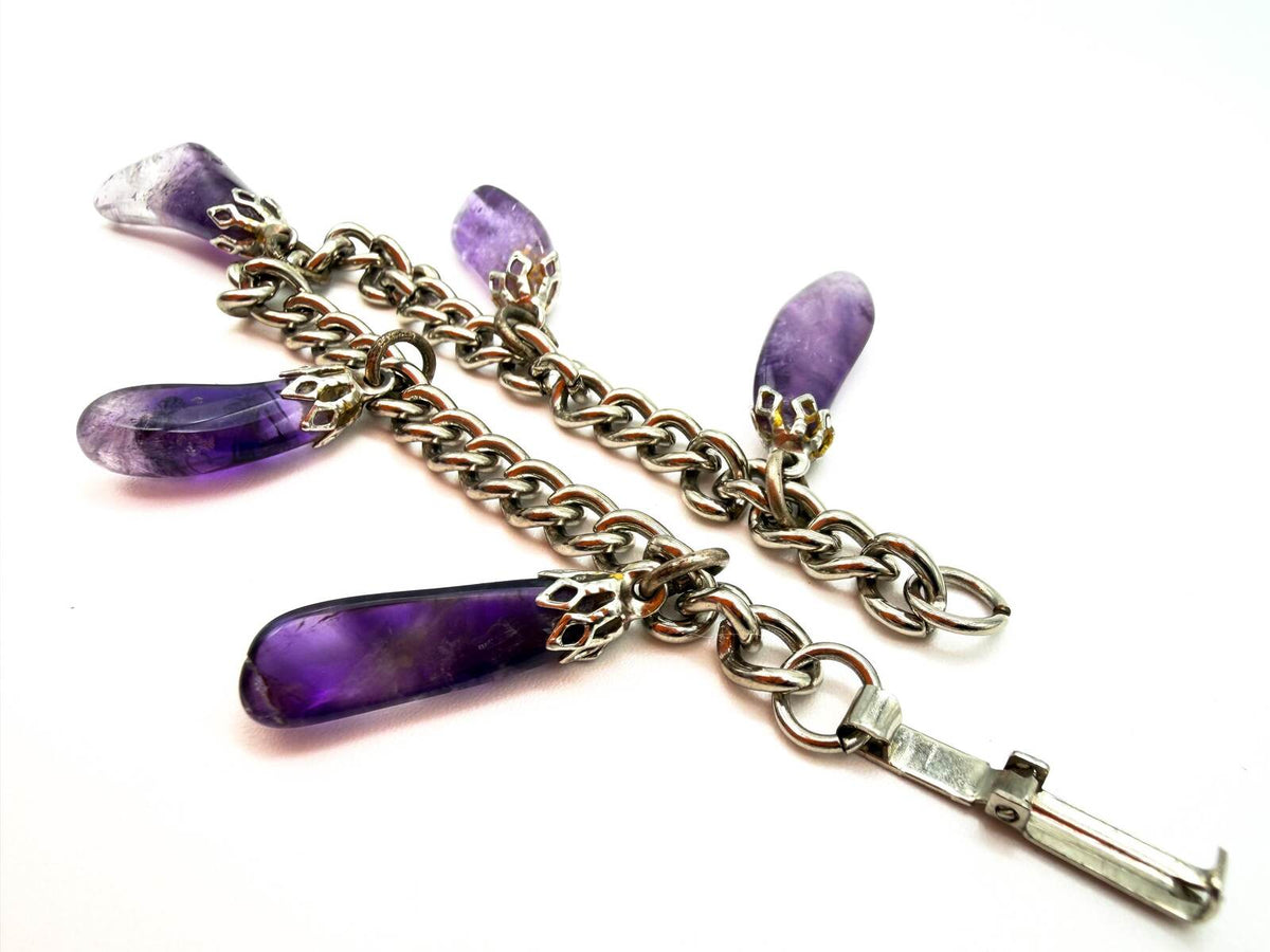 Vintage Amethyst Drop Bracelet Gemstone Charm Bracelet Purple Stone Silver Tone